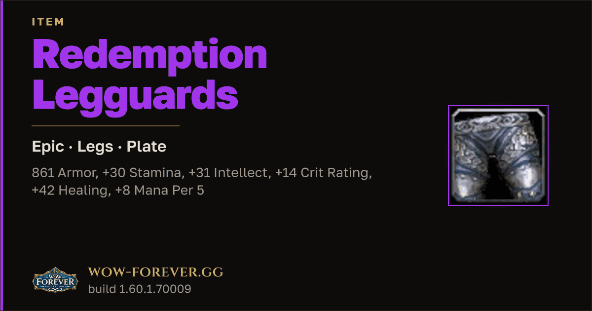 The preview card for Redemption Legguards - Epic Plate Legs