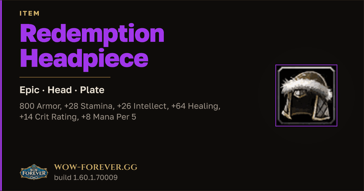 The preview card for Redemption Headpiece - Epic Plate Head
