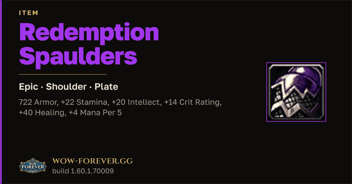 The preview card for Redemption Spaulders - Epic Plate Shoulder