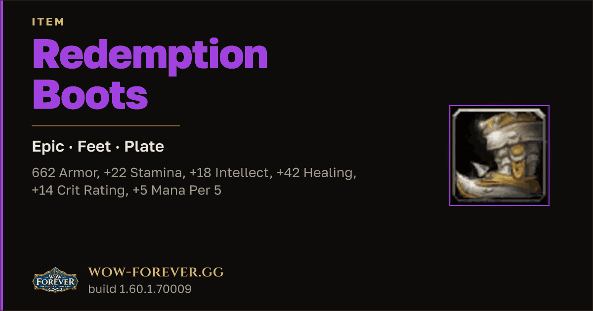 The preview card for Redemption Boots - Epic Plate Feet, Item Level 86