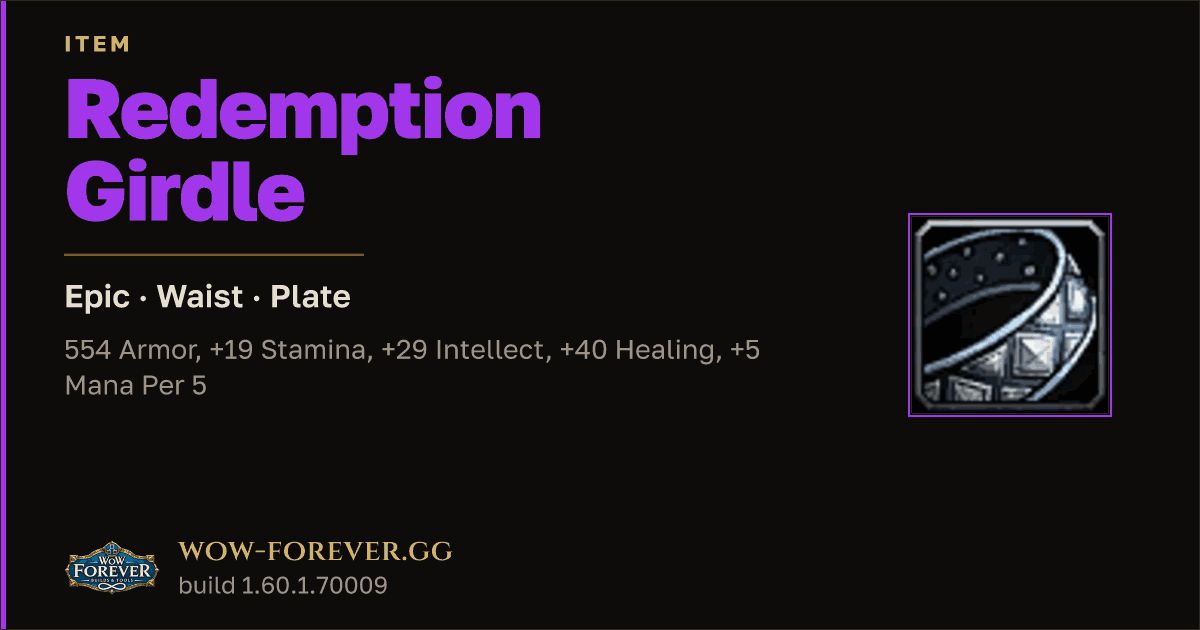 The preview card for Redemption Girdle - Epic Plate Waist, Item Level 88