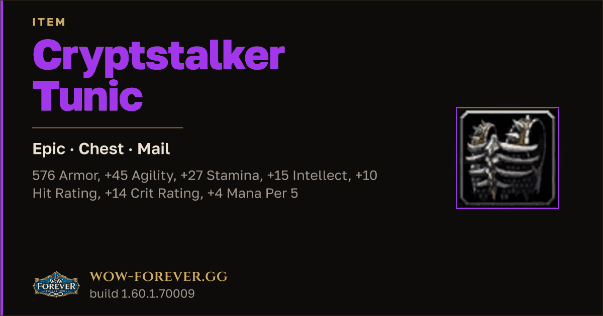 The preview card for Cryptstalker Tunic - Epic Mail Chest, Item Level 92