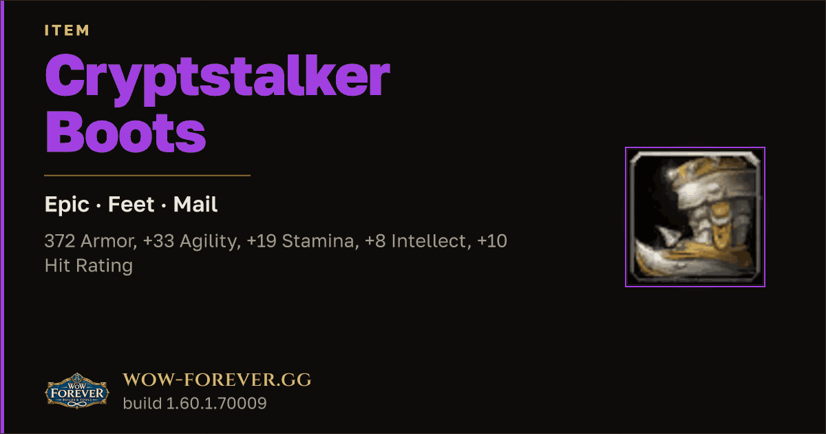 The preview card for Cryptstalker Boots - Epic Mail Feet, Item Level 86