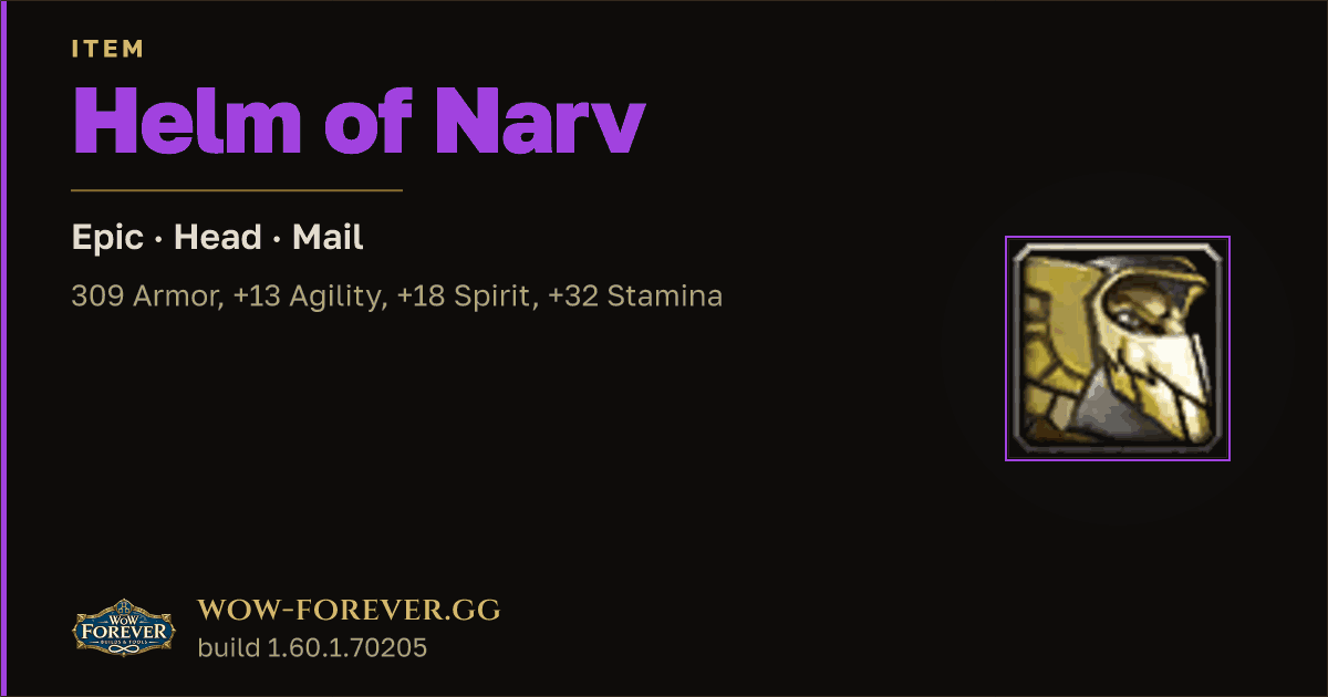 The preview card for Helm of Narv - Epic Mail Head, Item Level 59