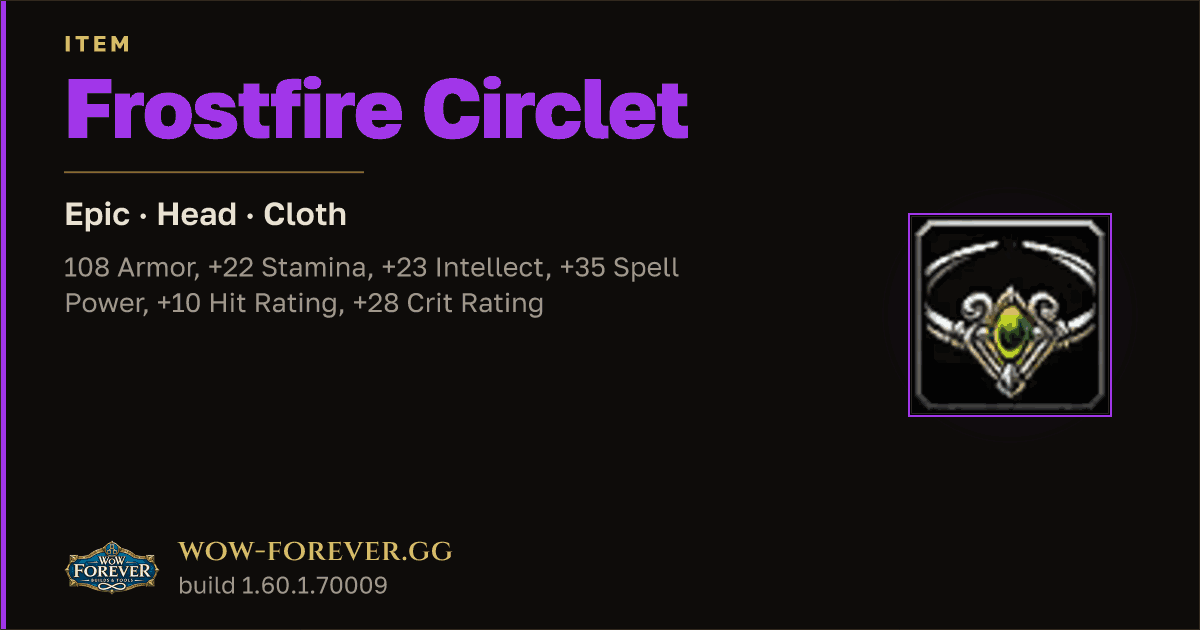 The preview card for Frostfire Circlet - Epic Cloth Head, Item Level 88