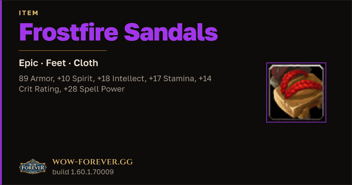 The preview card for Frostfire Sandals - Epic Cloth Feet, Item Level 86
