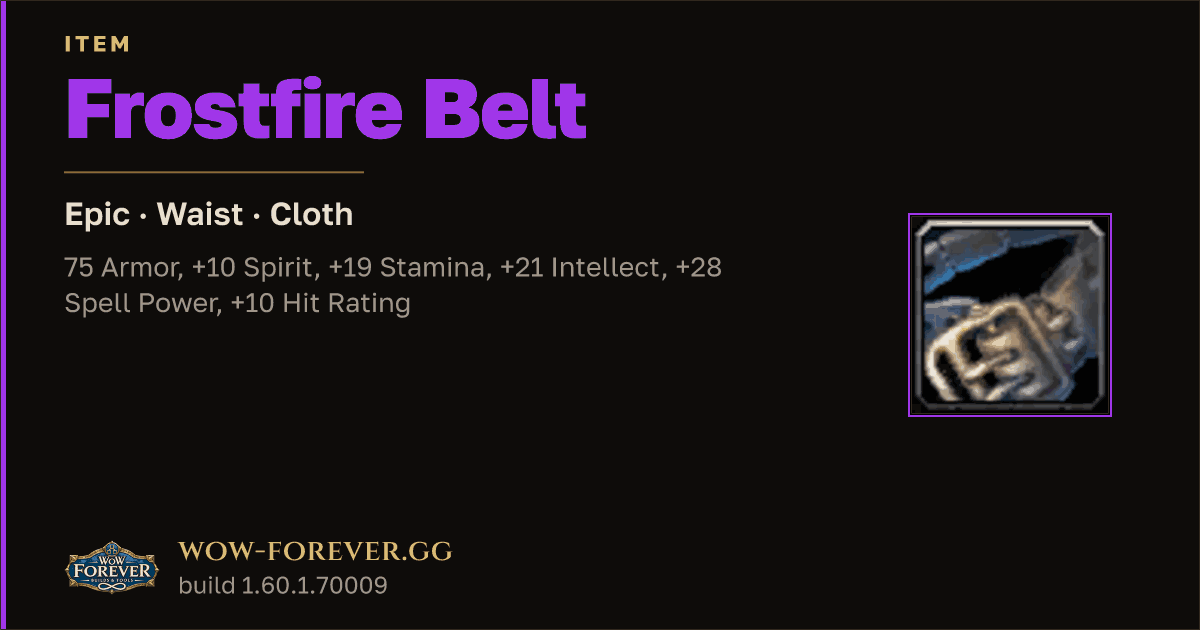 The preview card for Frostfire Belt - Epic Cloth Waist, Item Level 88