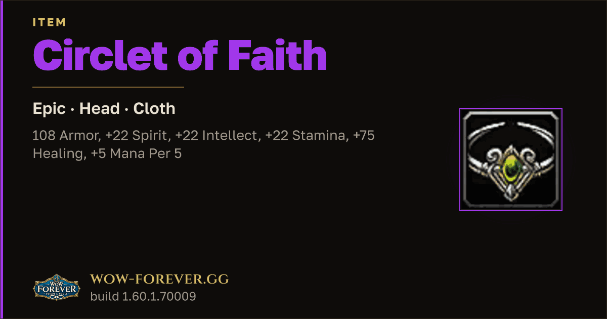 The preview card for Circlet of Faith - Epic Cloth Head, Item Level 88