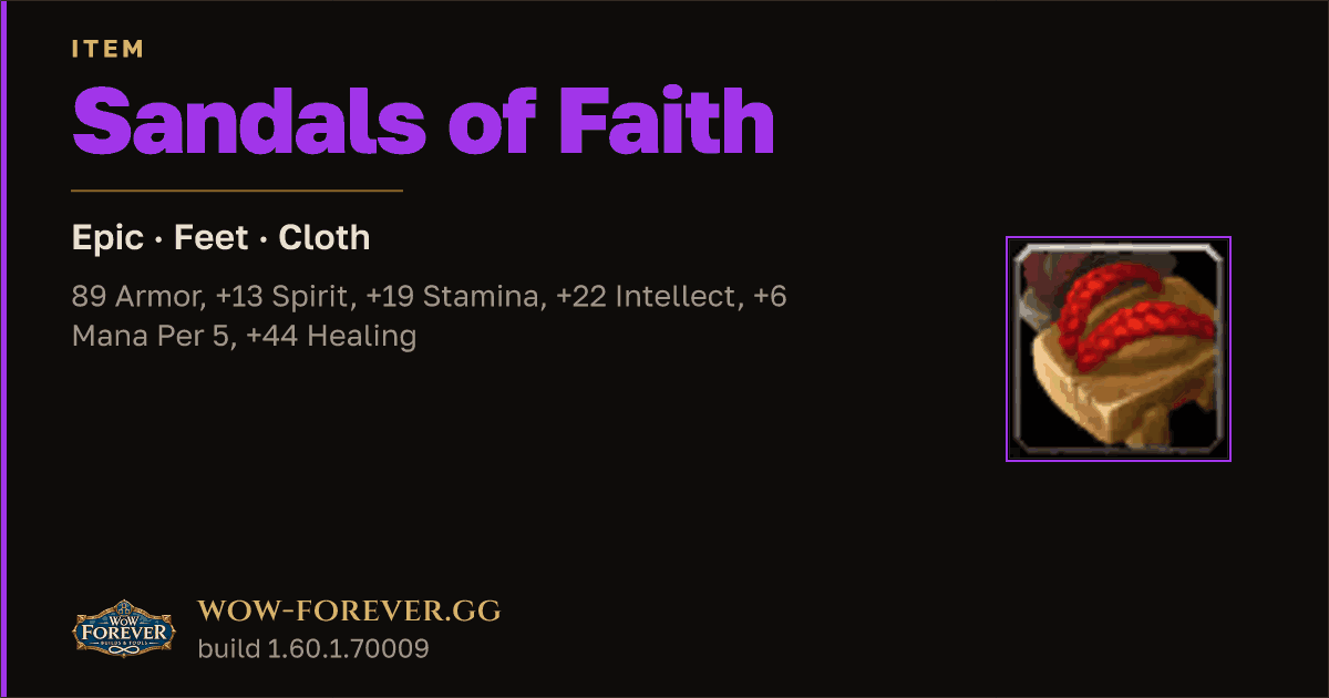 The preview card for Sandals of Faith - Epic Cloth Feet, Item Level 86