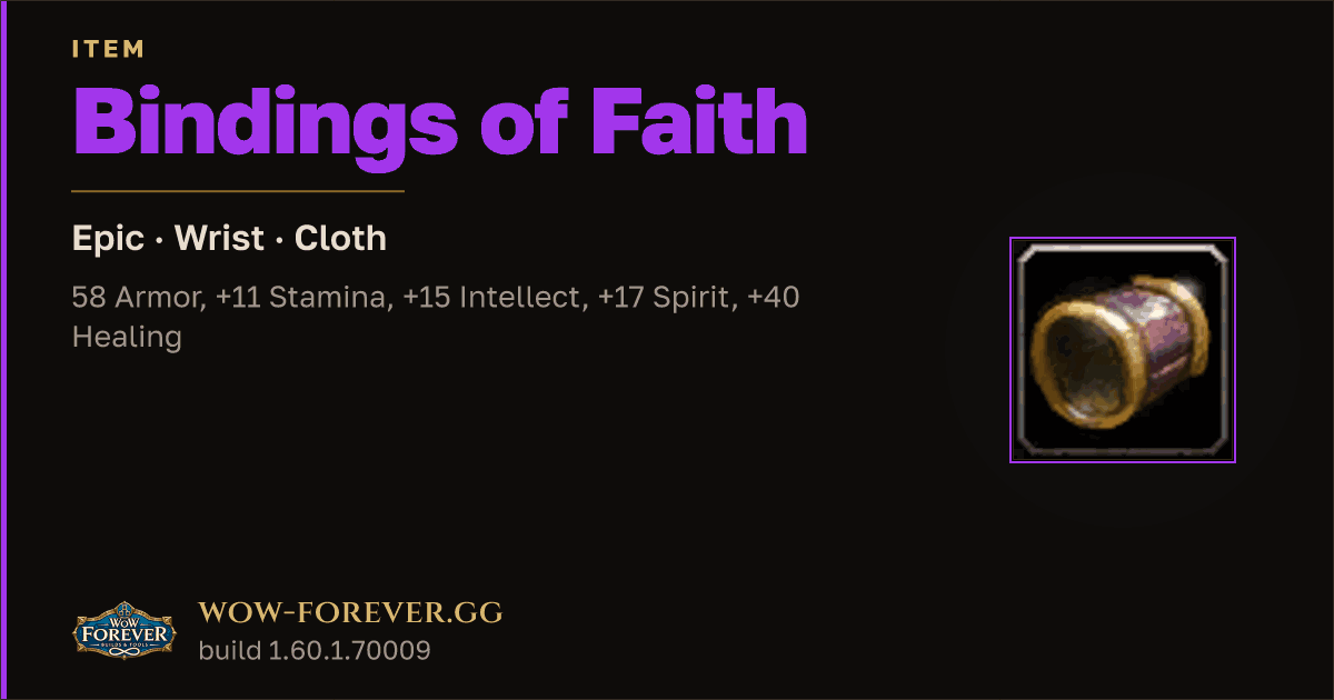 The preview card for Bindings of Faith - Epic Cloth Wrist, Item Level 88