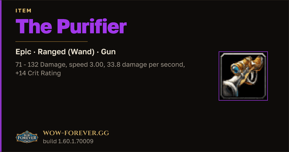 The preview card for The Purifier - Epic Gun, Item Level 60