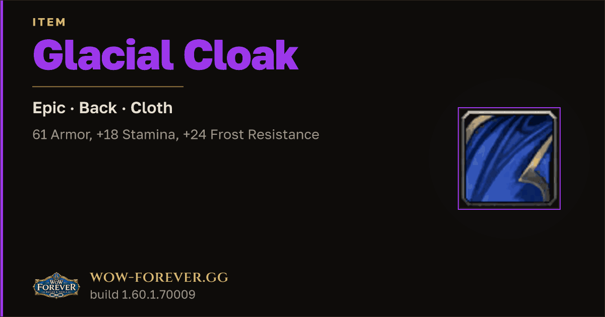 The preview card for Glacial Cloak - Epic Cloak, Item Level 80