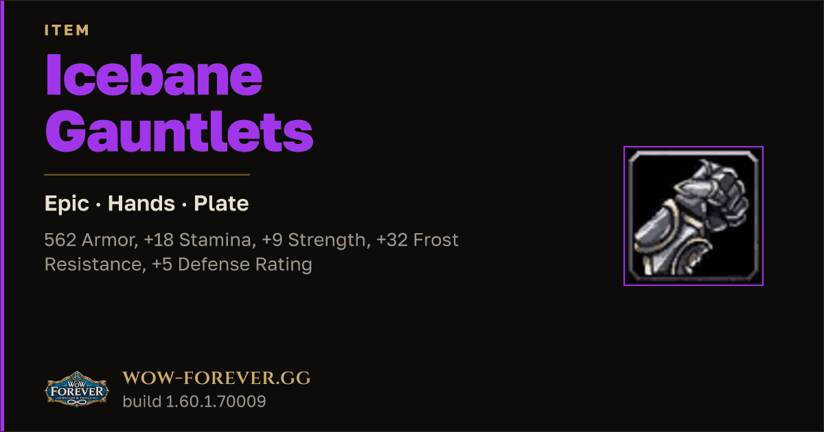 The preview card for Icebane Gauntlets - Epic Plate Hands, Item Level 80