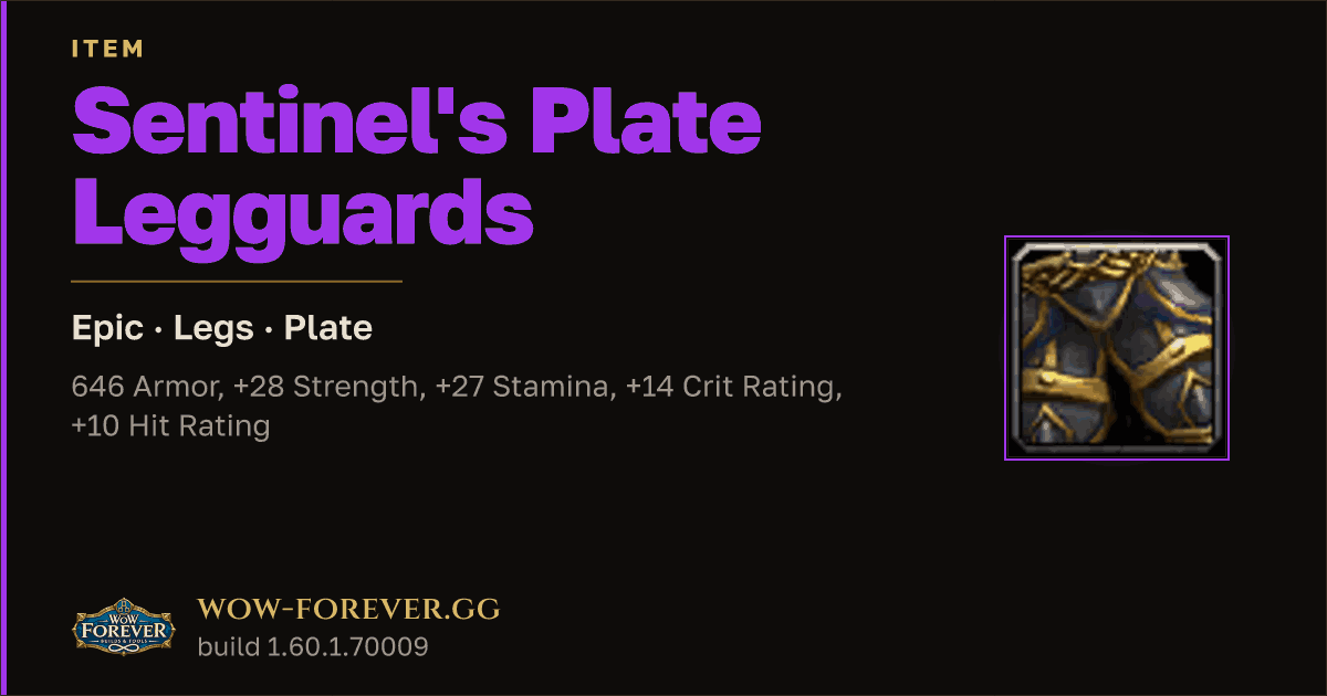 The preview card for Sentinel's Plate Legguards - Epic Plate Legs