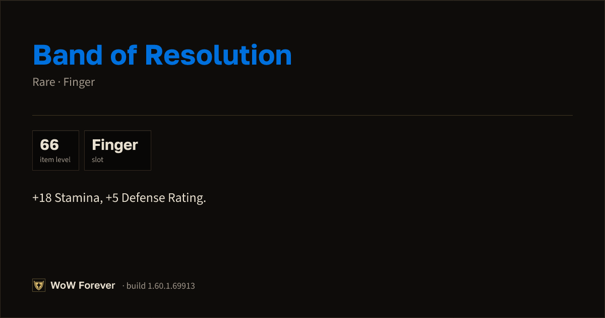 The preview card for Band of Resolution - Rare Ring, Item Level 66