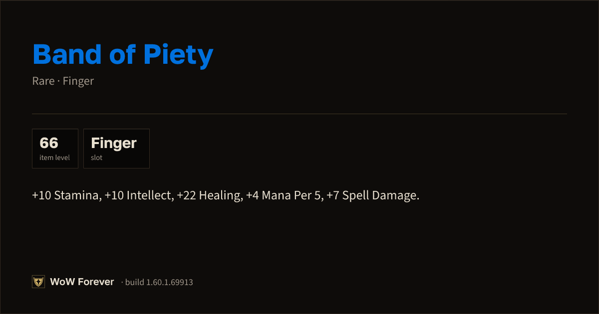 The preview card for Band of Piety - Rare Ring, Item Level 66