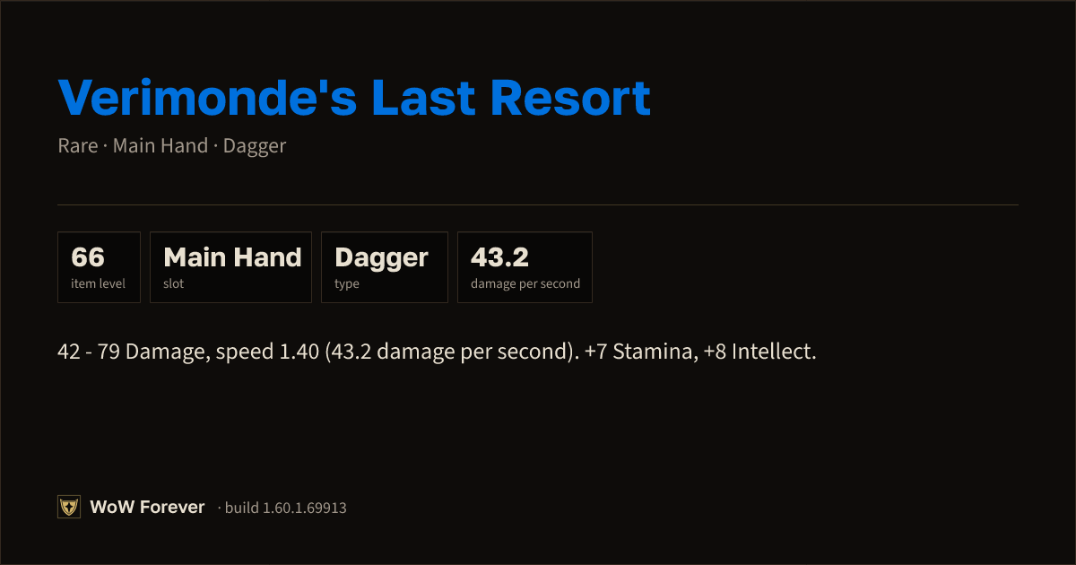 The preview card for Verimonde's Last Resort - Rare Main-Hand Dagger