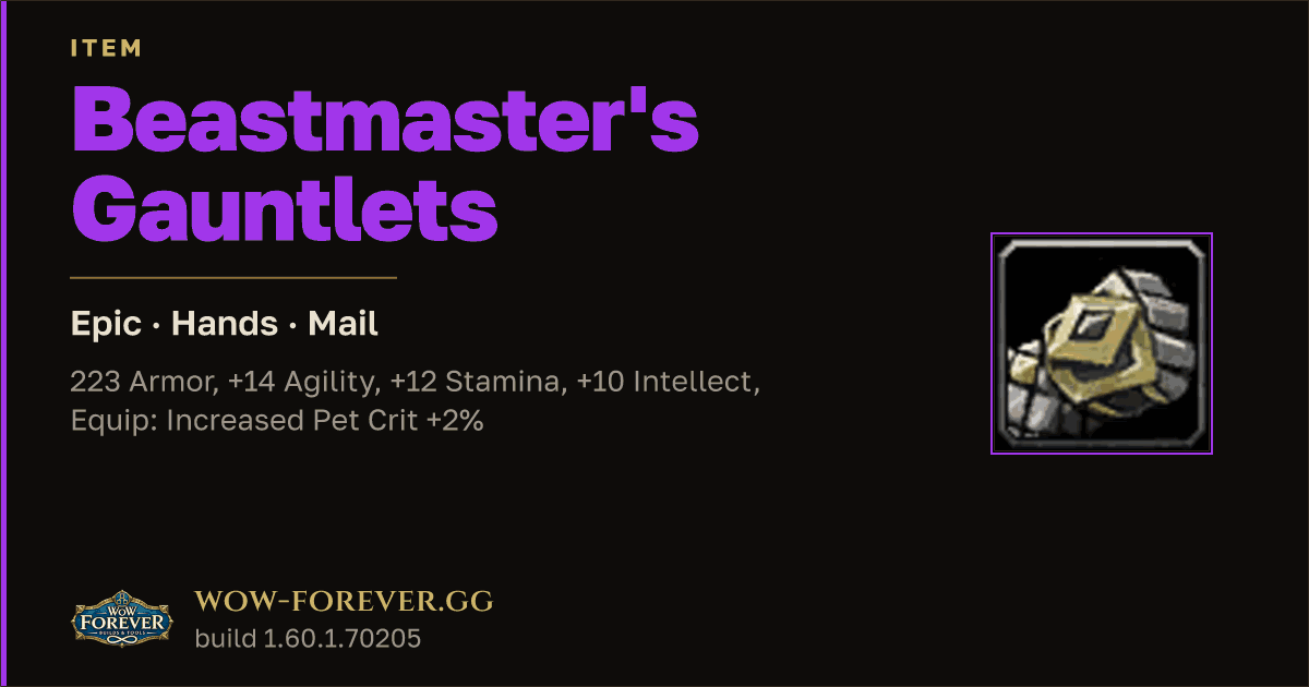 The preview card for Beastmaster's Gauntlets - Epic Mail Hands