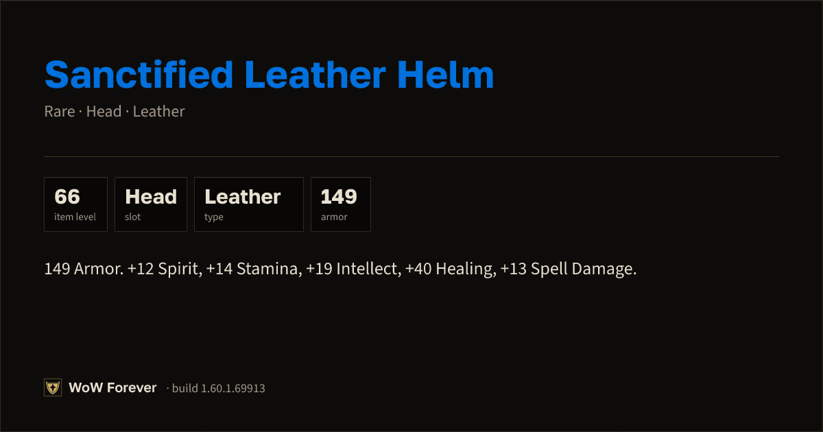 The preview card for Sanctified Leather Helm - Rare Leather Head