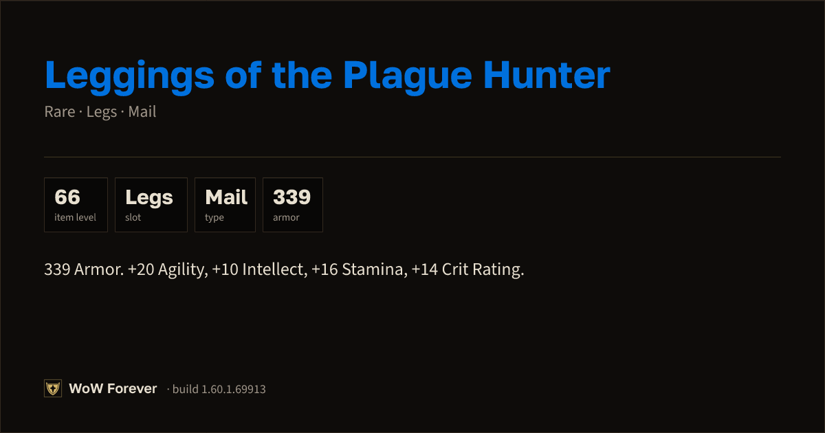 The preview card for Leggings of the Plague Hunter - Rare Mail Legs