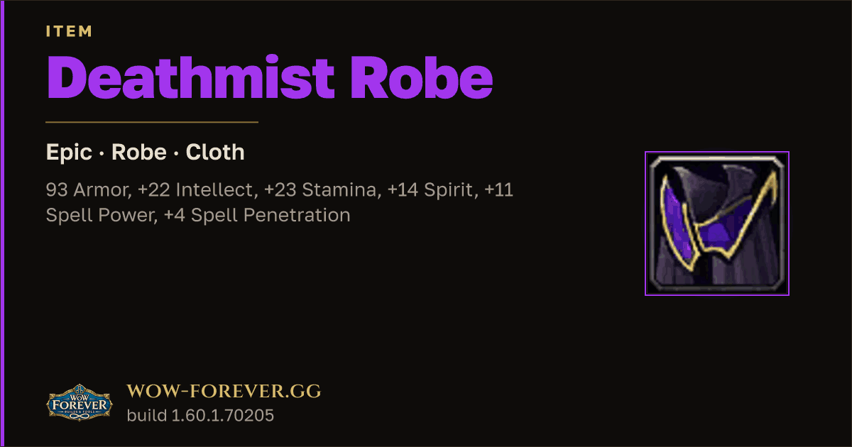 The preview card for Deathmist Robe - Epic Cloth Robe (Warlock only)