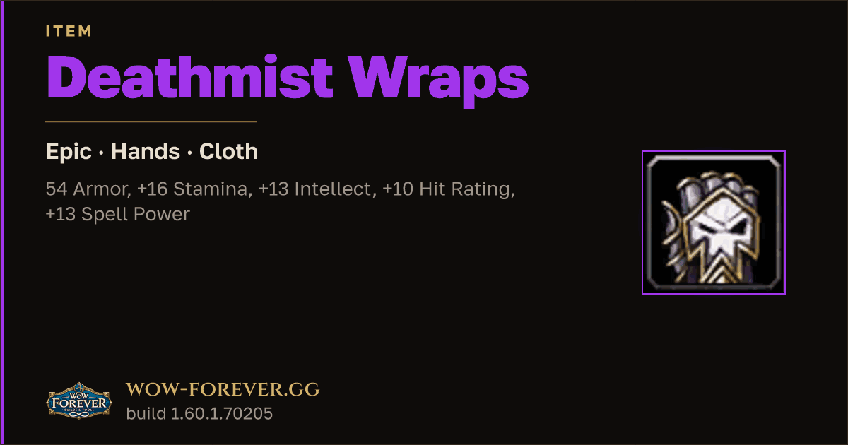 The preview card for Deathmist Wraps - Epic Cloth Hands (Warlock only)