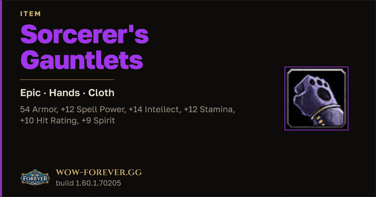 The preview card for Sorcerer's Gauntlets - Epic Cloth Hands
