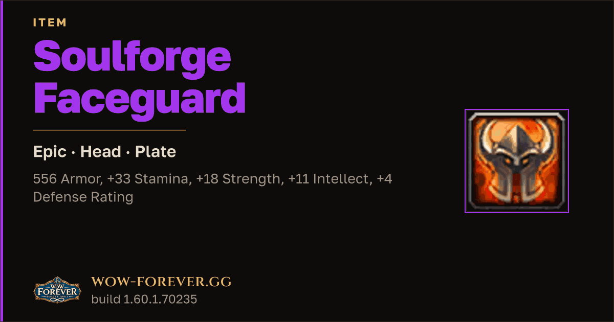 The preview card for Soulforge Faceguard - Epic Plate Head
