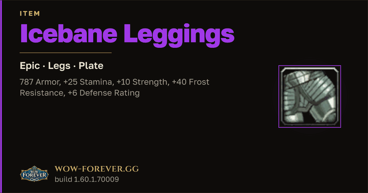 The preview card for Icebane Leggings - Epic Plate Legs, Item Level 80