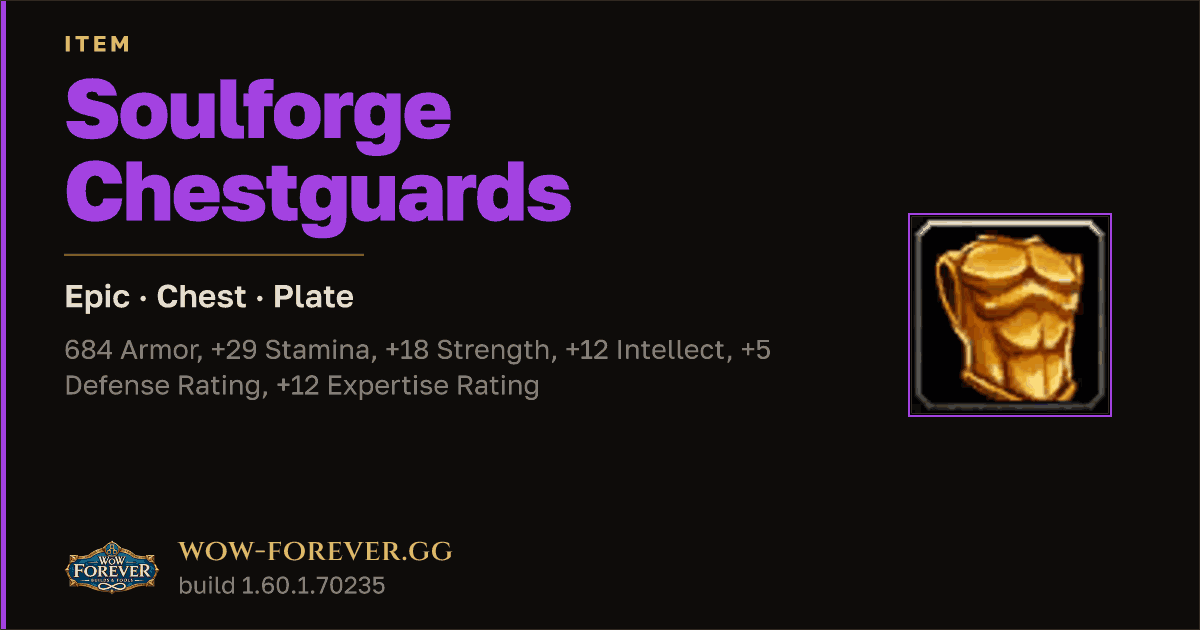 The preview card for Soulforge Chestguards - Epic Plate Chest