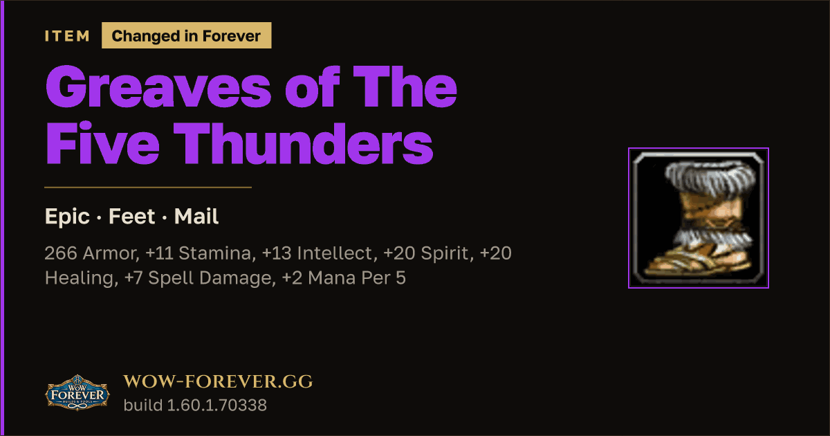 The preview card for Greaves of The Five Thunders