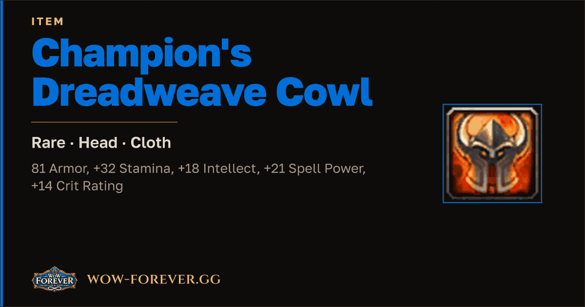 The preview card for Champion's Dreadweave Cowl