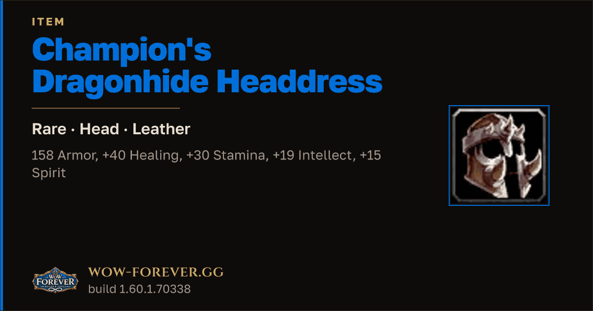The preview card for Champion's Dragonhide Headdress