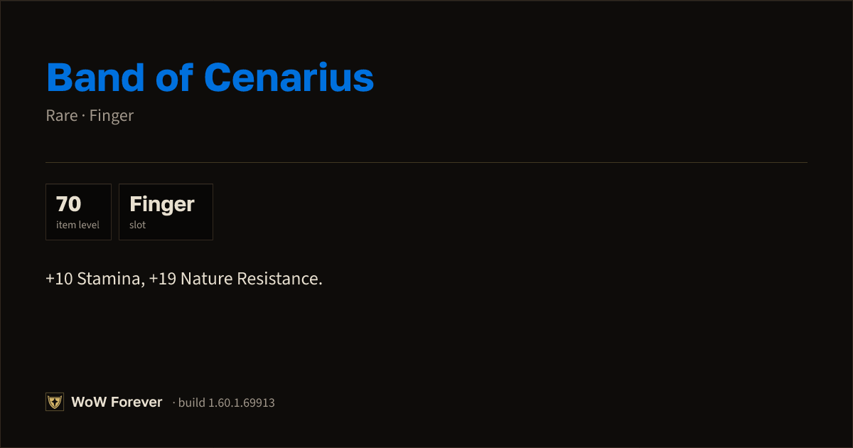 The preview card for Band of Cenarius - Rare Ring, Item Level 70