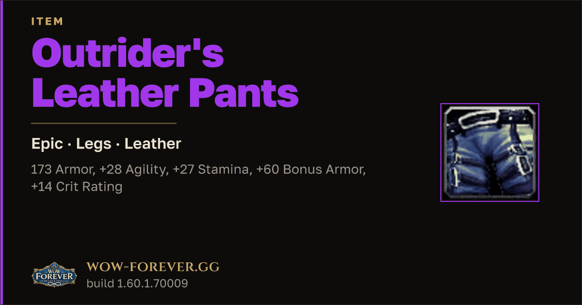 The preview card for Outrider's Leather Pants - Epic Leather Legs