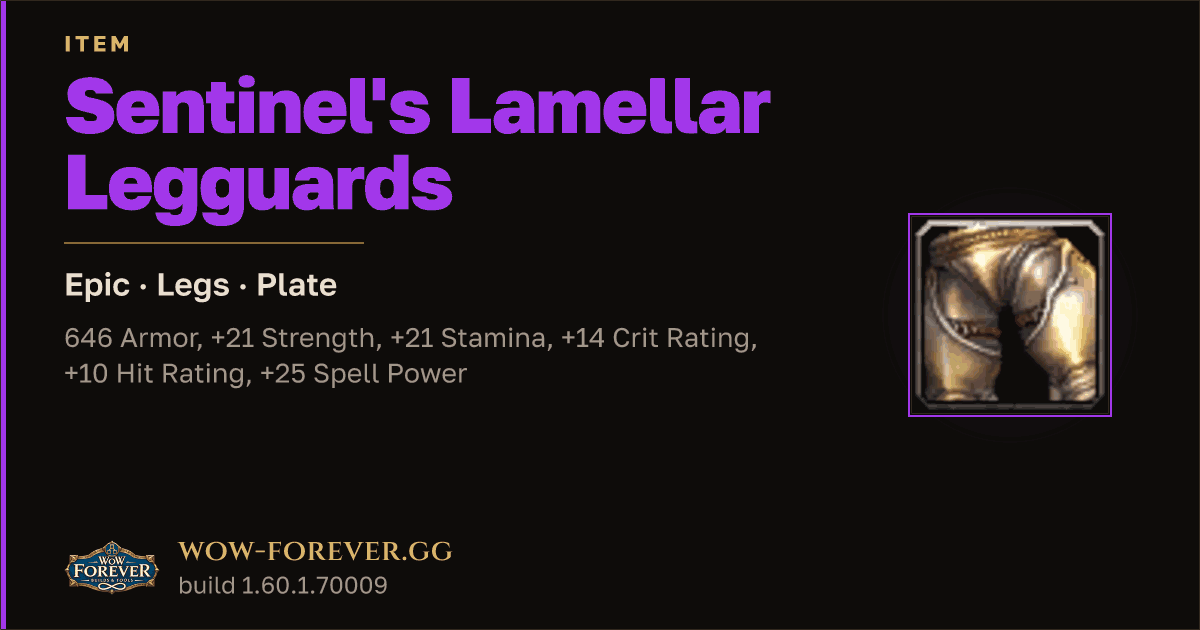 The preview card for Sentinel's Lamellar Legguards - Epic Plate Legs