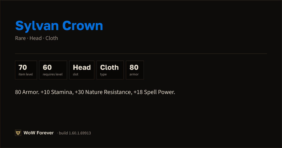 The preview card for Sylvan Crown - Rare Cloth Head, Item Level 70