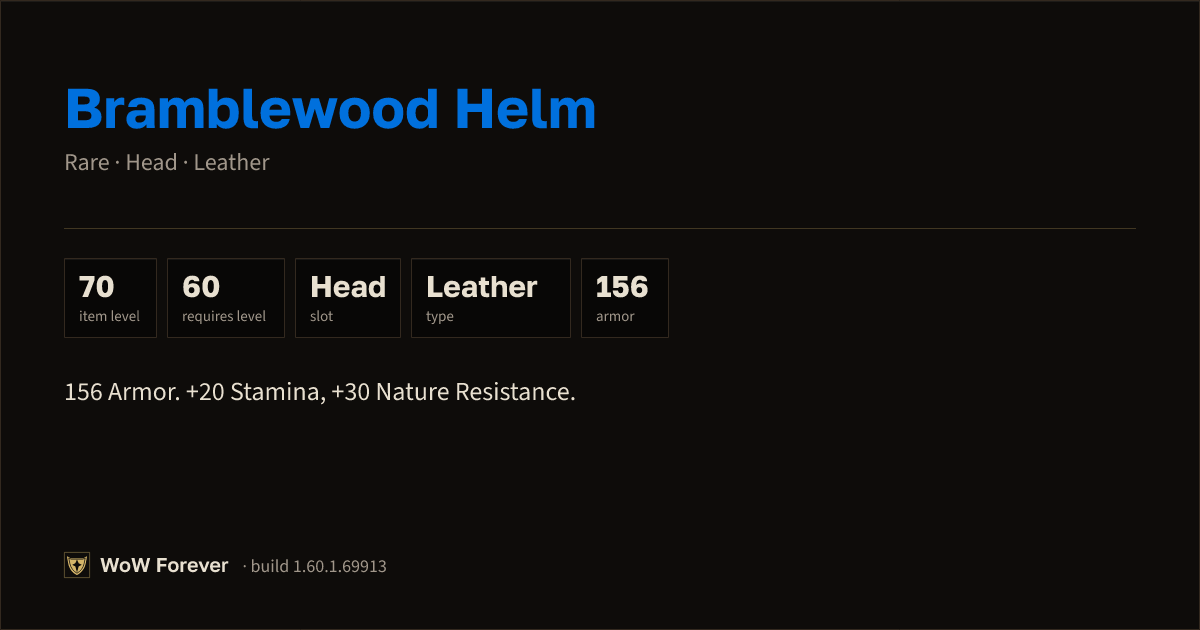 The preview card for Bramblewood Helm - Rare Leather Head, Item Level 70