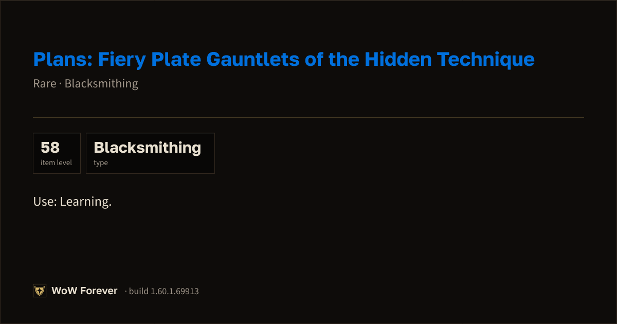 The preview card for Plans: Fiery Plate Gauntlets of the Hidden Technique