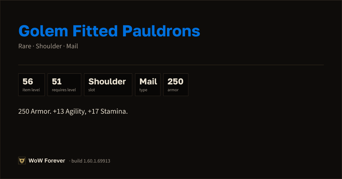 The preview card for Golem Fitted Pauldrons - Rare Mail Shoulder