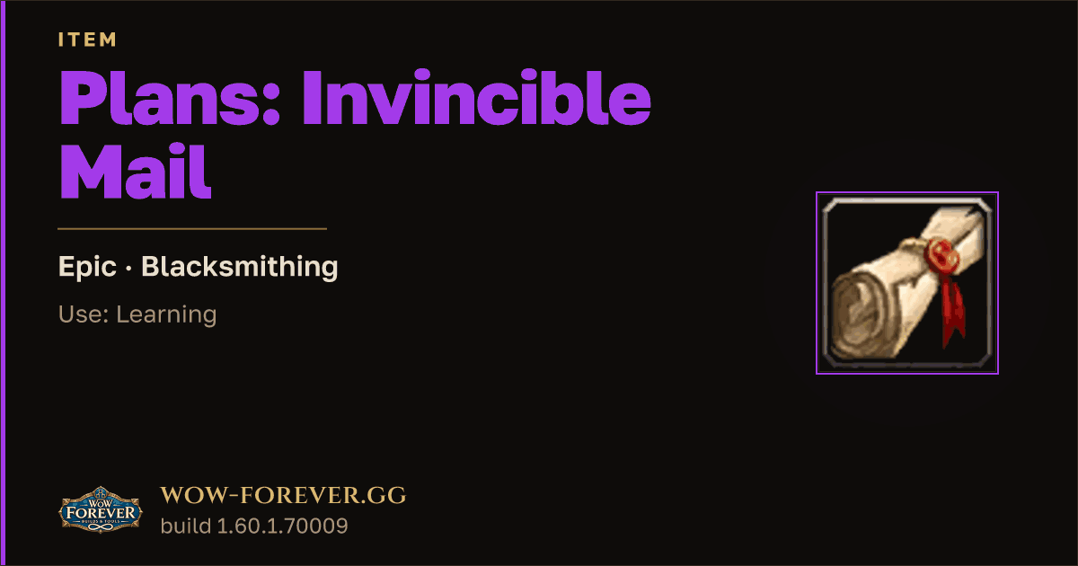 The preview card for Plans: Invincible Mail - Epic Blacksmithing Recipe