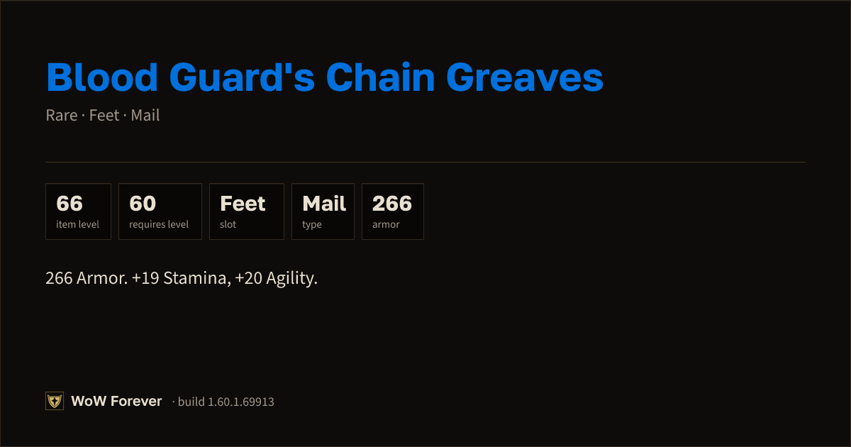 The preview card for Blood Guard's Chain Greaves - Rare Mail Feet