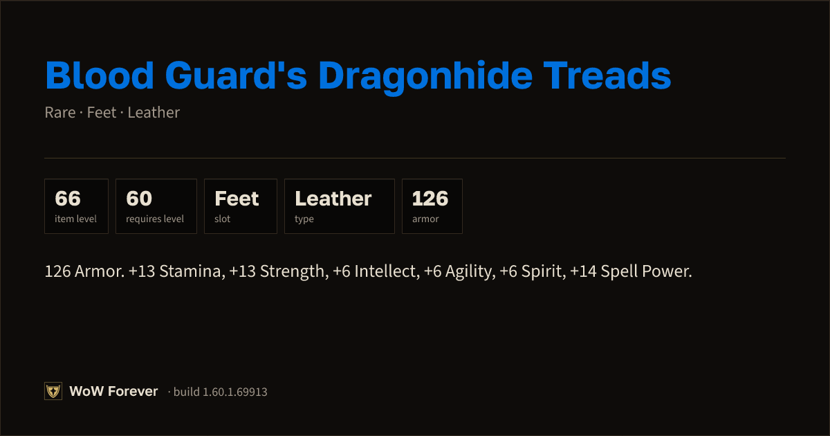 The preview card for Blood Guard's Dragonhide Treads - Rare Leather Feet