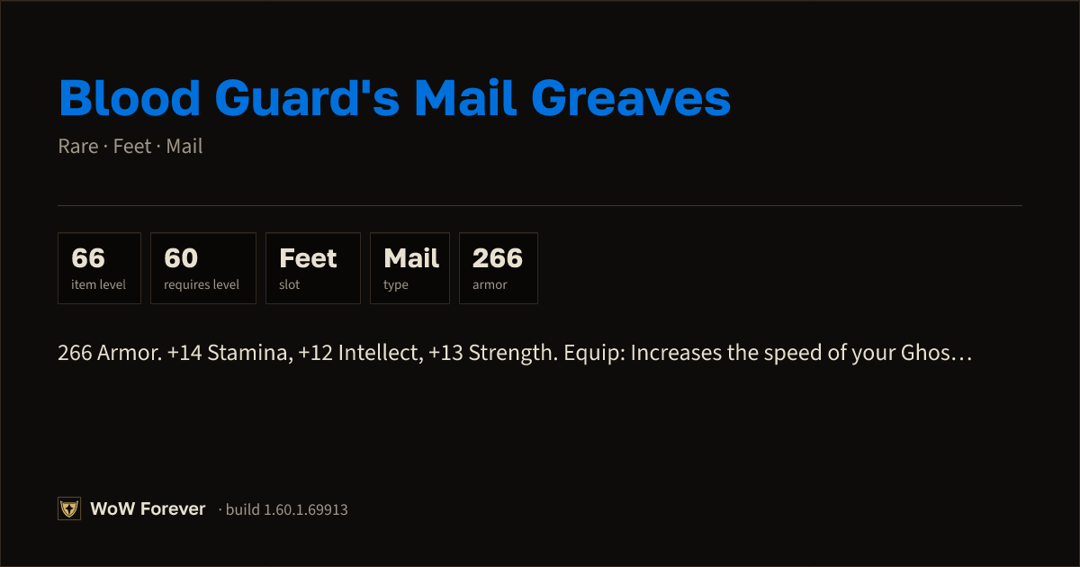 The preview card for Blood Guard's Mail Greaves - Rare Mail Feet