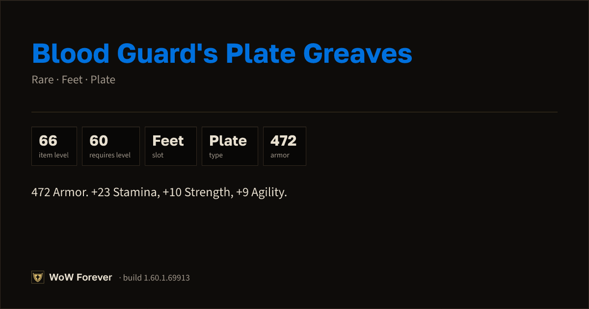 The preview card for Blood Guard's Plate Greaves - Rare Plate Feet