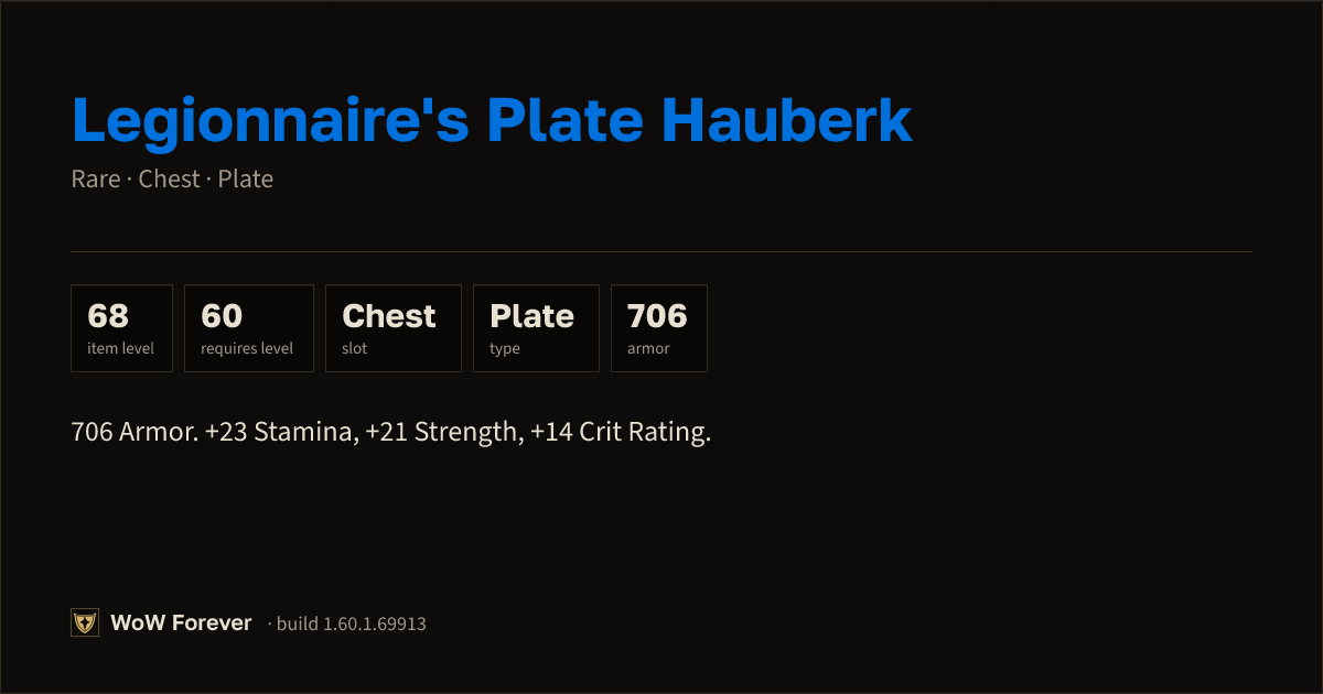 The preview card for Legionnaire's Plate Hauberk - Rare Plate Chest