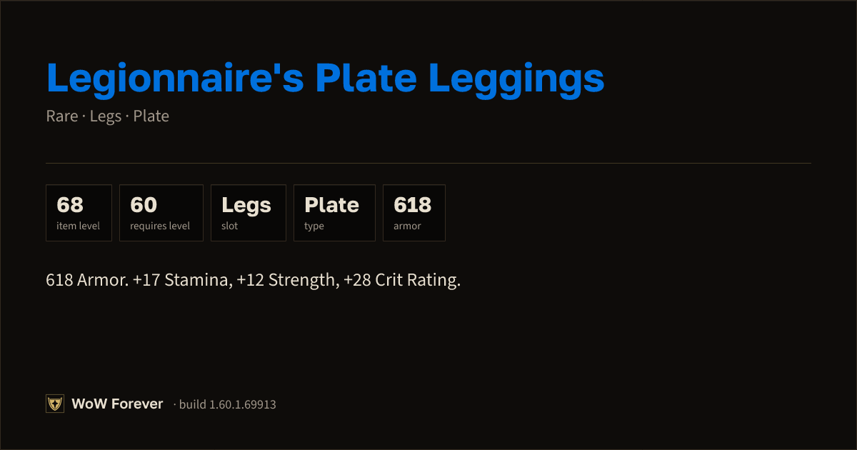 The preview card for Legionnaire's Plate Leggings - Rare Plate Legs