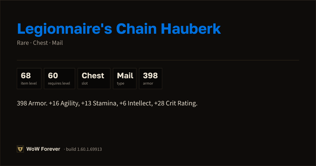 The preview card for Legionnaire's Chain Hauberk - Rare Mail Chest
