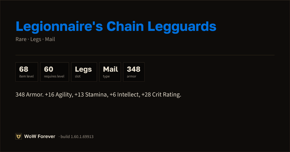 The preview card for Legionnaire's Chain Legguards - Rare Mail Legs