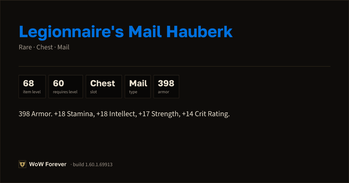 The preview card for Legionnaire's Mail Hauberk - Rare Mail Chest